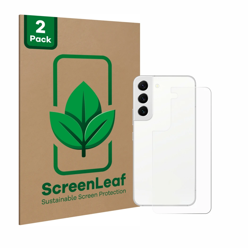 Vorderseite einer Produktverpackung mit dem Markenlogo ScreenLeaf. Daneben ist das Gerät Samsung Galaxy S22 5G (Rückseite) mit
