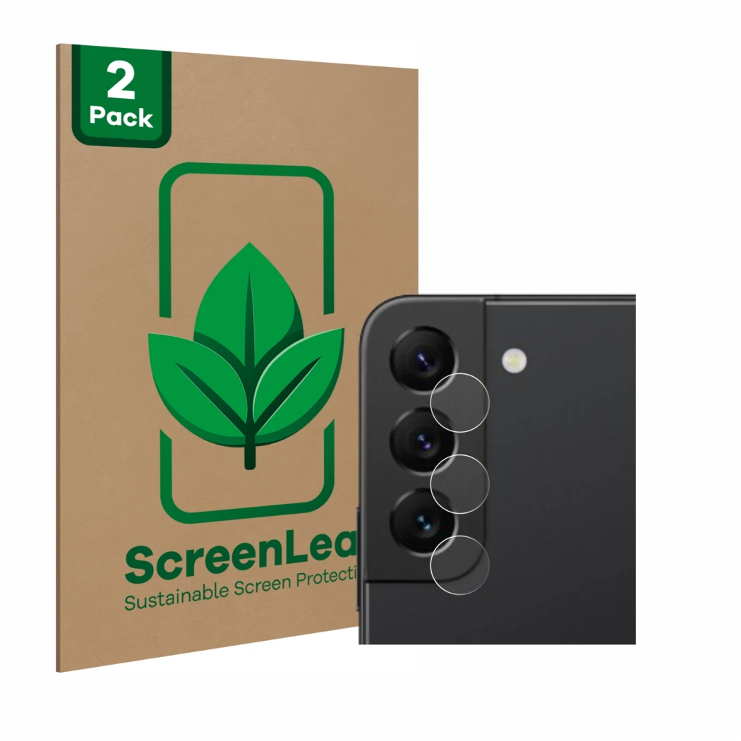 Vorderseite einer Produktverpackung mit dem Markenlogo ScreenLeaf. Daneben ist das Gerät Samsung Galaxy S22 5G (NUR Kameraschu