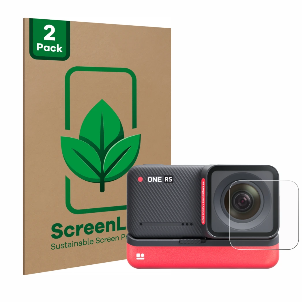 Vorderseite einer Produktverpackung mit dem Markenlogo ScreenLeaf. Daneben ist das Gerät Insta360 One RS 4K Edition (Linse) mi
