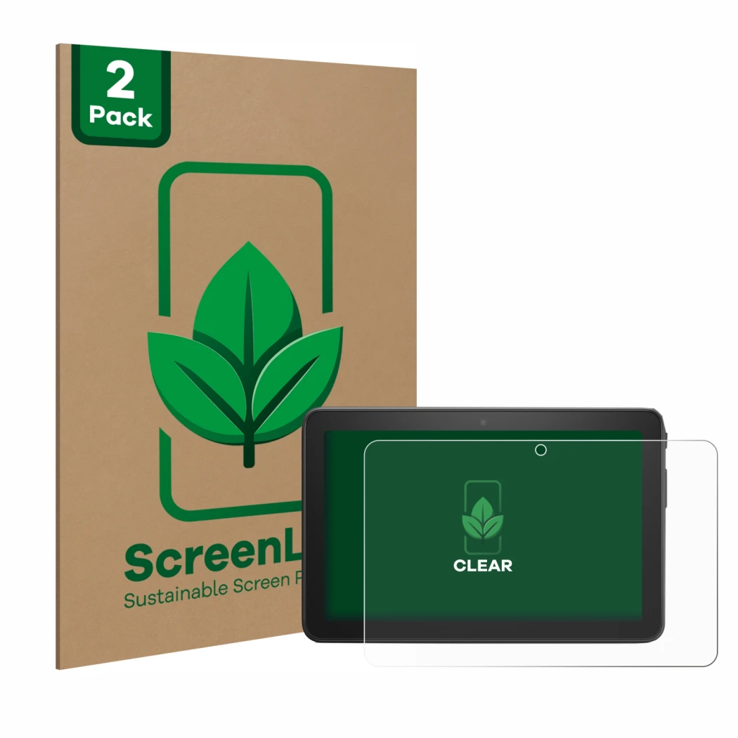 Vorderseite einer Produktverpackung mit dem Markenlogo ScreenLeaf. Daneben ist das Gerät Amazon Fire 7 2022 mit dem zugehörige