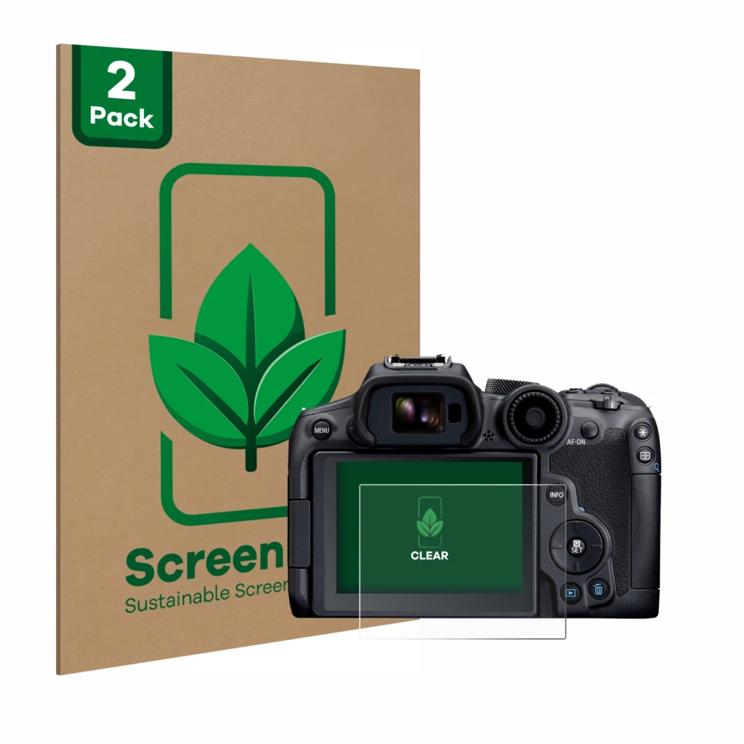Vorderseite einer Produktverpackung mit dem Markenlogo ScreenLeaf. Daneben ist das Gerät Canon EOS R7 mit dem zugehörigen Disp