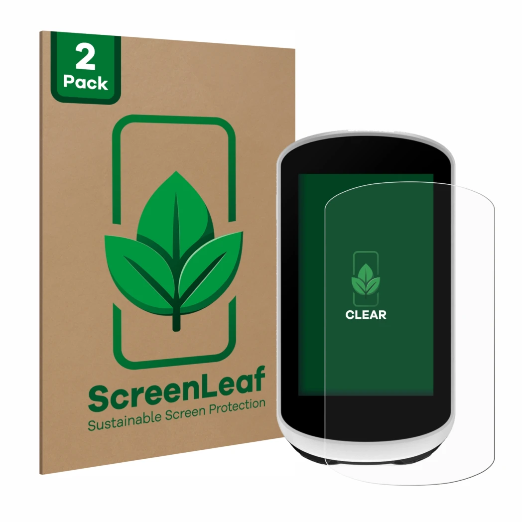 Vorderseite einer Produktverpackung mit dem Markenlogo ScreenLeaf. Daneben ist das Gerät Garmin Edge Explore 2 mit dem zugehör