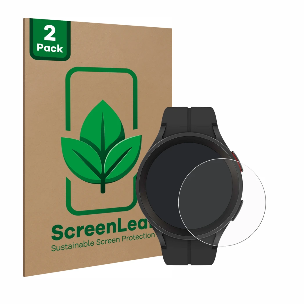 Vorderseite einer Produktverpackung mit dem Markenlogo ScreenLeaf. Daneben ist das Gerät Samsung Galaxy Watch 5 Pro mit dem zu