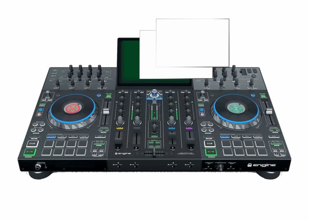 Abbildung des Geräts Denon DJ Prime 4 mit einer Vielzahl des Displayschutzes.