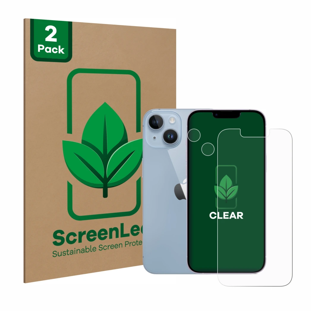 Vorderseite einer Produktverpackung mit dem Markenlogo ScreenLeaf. Daneben ist das Gerät Apple iPhone 14 (Display+Kamera) mit 