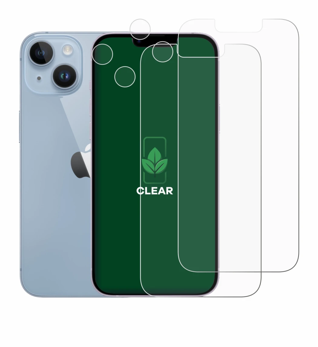 Abbildung des Geräts Apple iPhone 14 (Display+Kamera) mit einer Vielzahl des Displayschutzes.