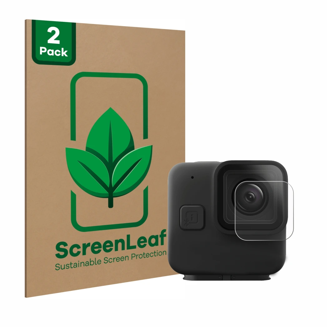 Vorderseite einer Produktverpackung mit dem Markenlogo ScreenLeaf. Daneben ist das Gerät GoPro Hero 11 mini Linse (Gehäuse) mi