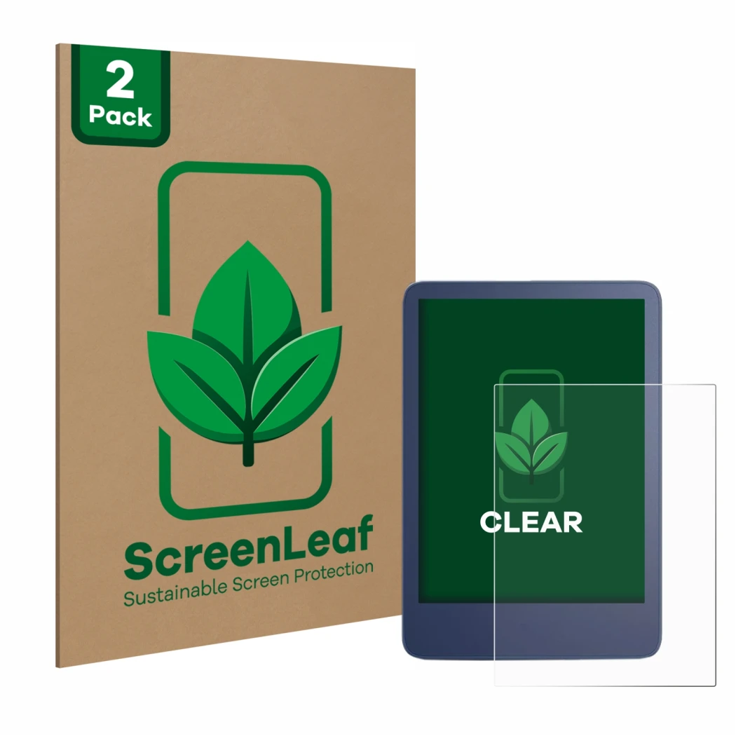 Vorderseite einer Produktverpackung mit dem Markenlogo ScreenLeaf. Daneben ist das Gerät Amazon Kindle Reader 2022 mit dem zug