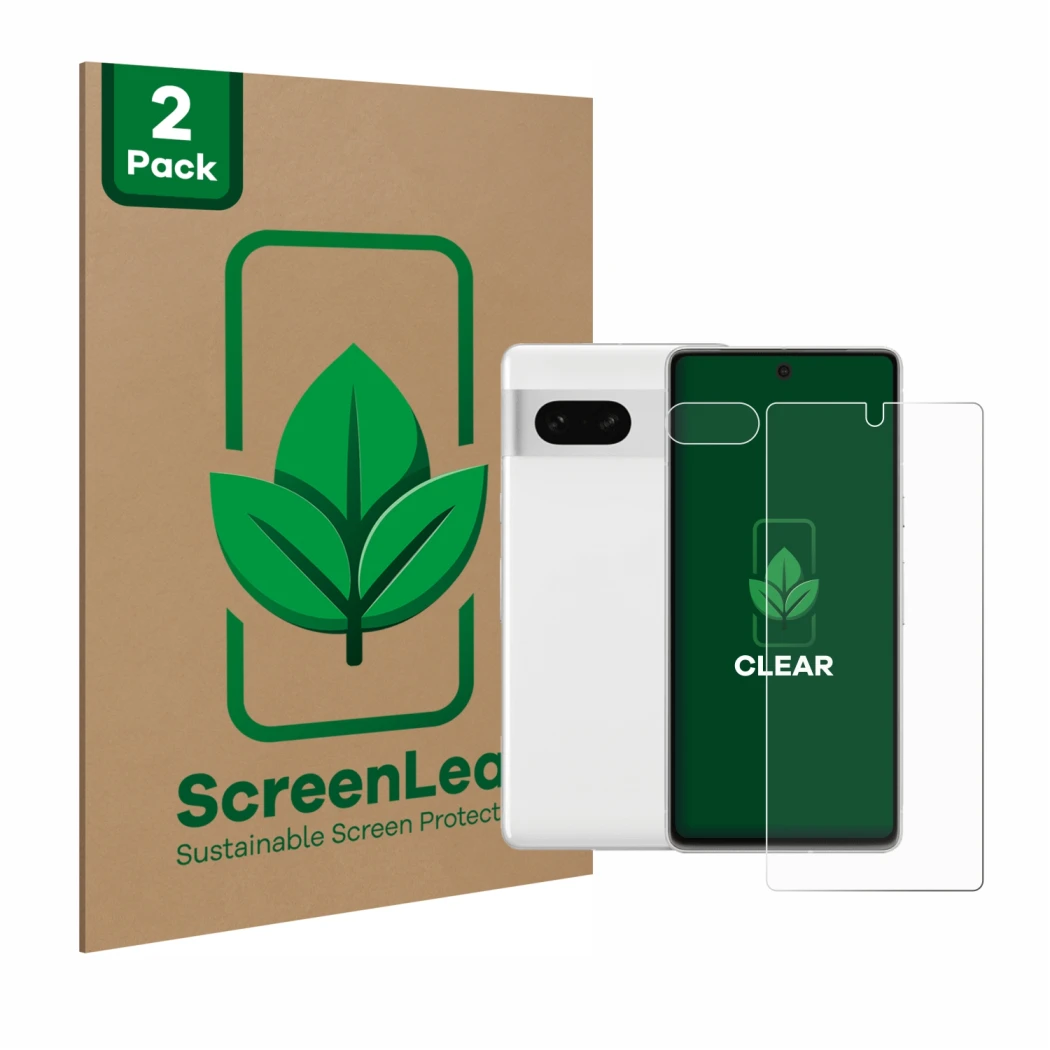 Vorderseite einer Produktverpackung mit dem Markenlogo ScreenLeaf. Daneben ist das Gerät Google Pixel 7 (Display+Kamera) mit d