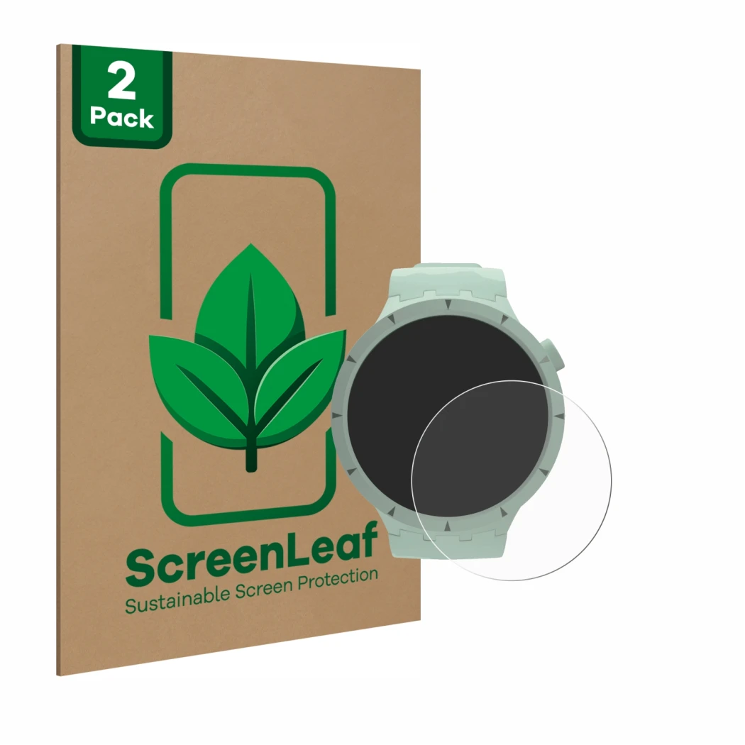 Vorderseite einer Produktverpackung mit dem Markenlogo ScreenLeaf. Daneben ist das Gerät Swatch Big Bold Bioceramic mit dem zu