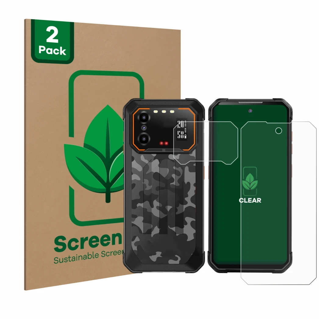 Vorderseite einer Produktverpackung mit dem Markenlogo ScreenLeaf. Daneben ist das Gerät iiiF150 B1 Pro (Display+Kamera) mit d