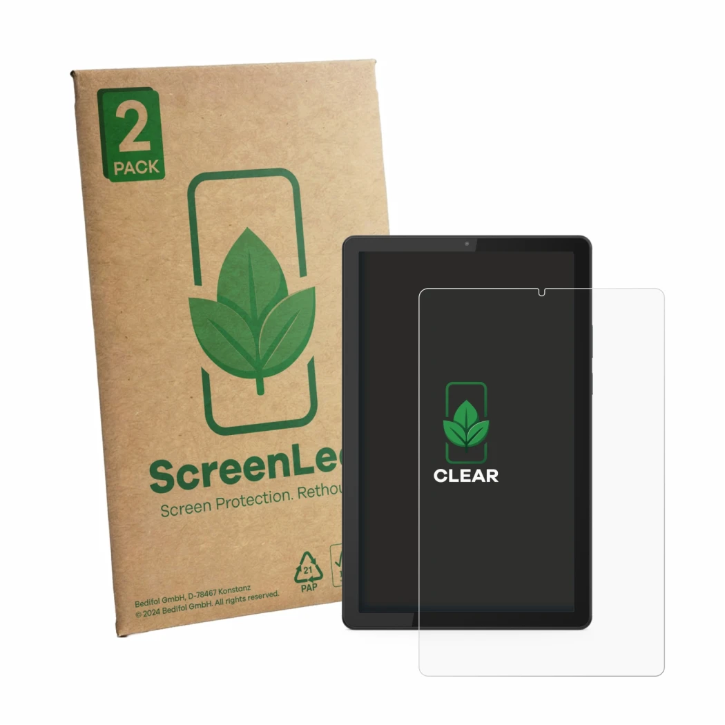 Vorderseite einer Produktverpackung mit dem Markenlogo ScreenLeaf. Daneben ist das Gerät Lenovo Tab M9 mit dem zugehörigen Dis