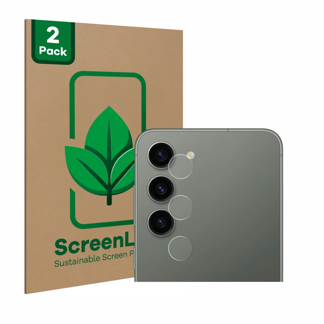 Vorderseite einer Produktverpackung mit dem Markenlogo ScreenLeaf. Daneben ist das Gerät Samsung Galaxy S23 (NUR Kameraschutz)