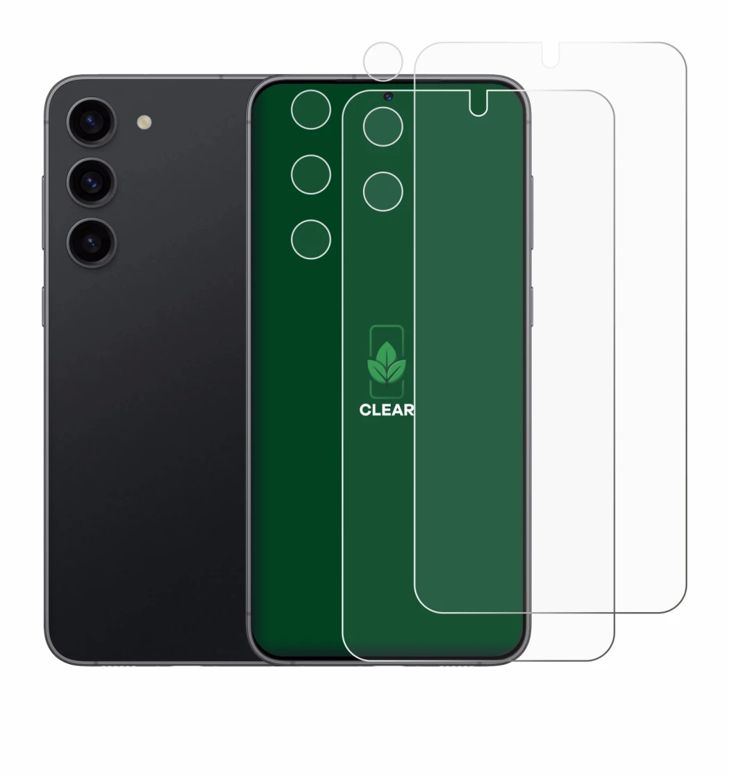 Abbildung des Geräts Samsung Galaxy S23 (Display+Kamera) mit einer Vielzahl des Displayschutzes.