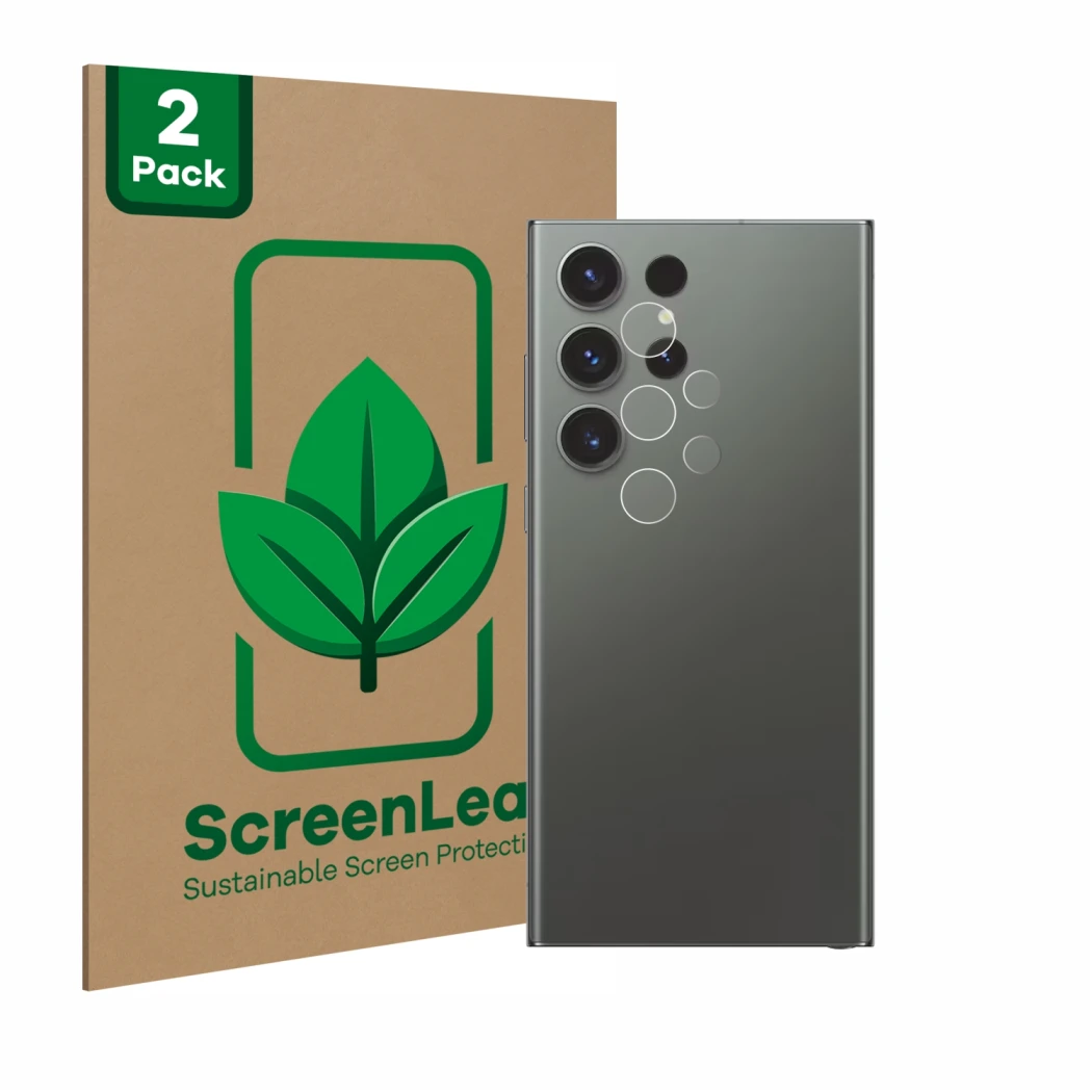 Vorderseite einer Produktverpackung mit dem Markenlogo ScreenLeaf. Daneben ist das Gerät Samsung Galaxy S23 Ultra (NUR Kameras