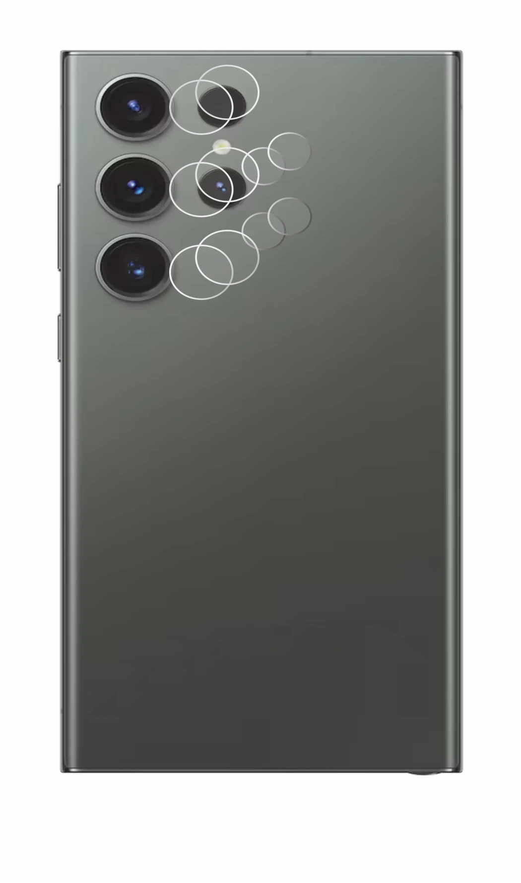 Abbildung des Geräts Samsung Galaxy S23 Ultra (NUR Kameraschutz) mit einer Vielzahl des Displayschutzes.