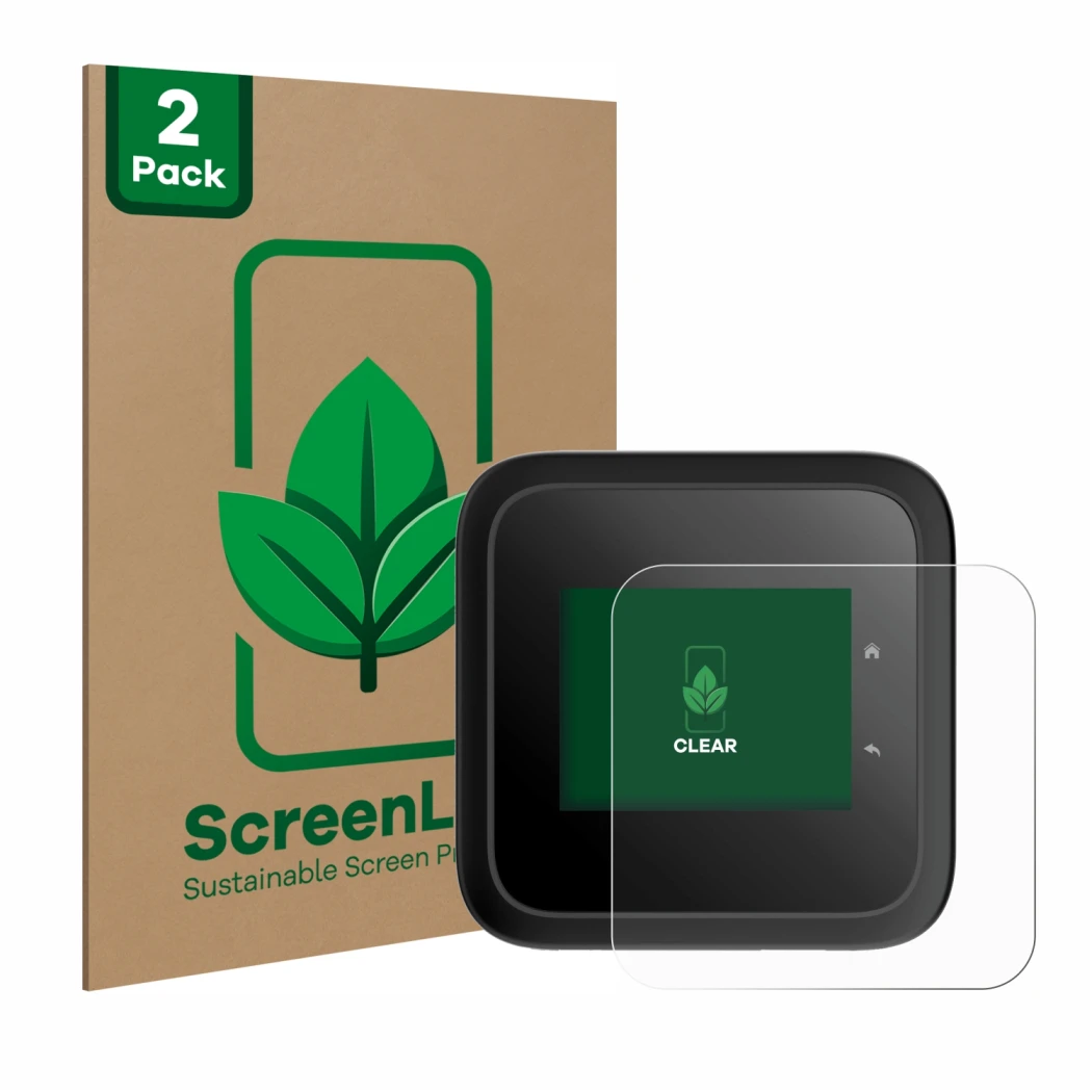 Vorderseite einer Produktverpackung mit dem Markenlogo ScreenLeaf. Daneben ist das Gerät Netgear Nighthawk M6 Pro mit dem zuge