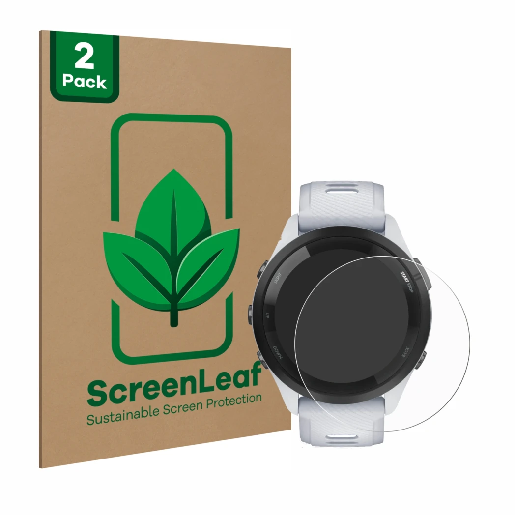 Vorderseite einer Produktverpackung mit dem Markenlogo ScreenLeaf. Daneben ist das Gerät Garmin Forerunner 265 (46 mm) mit dem