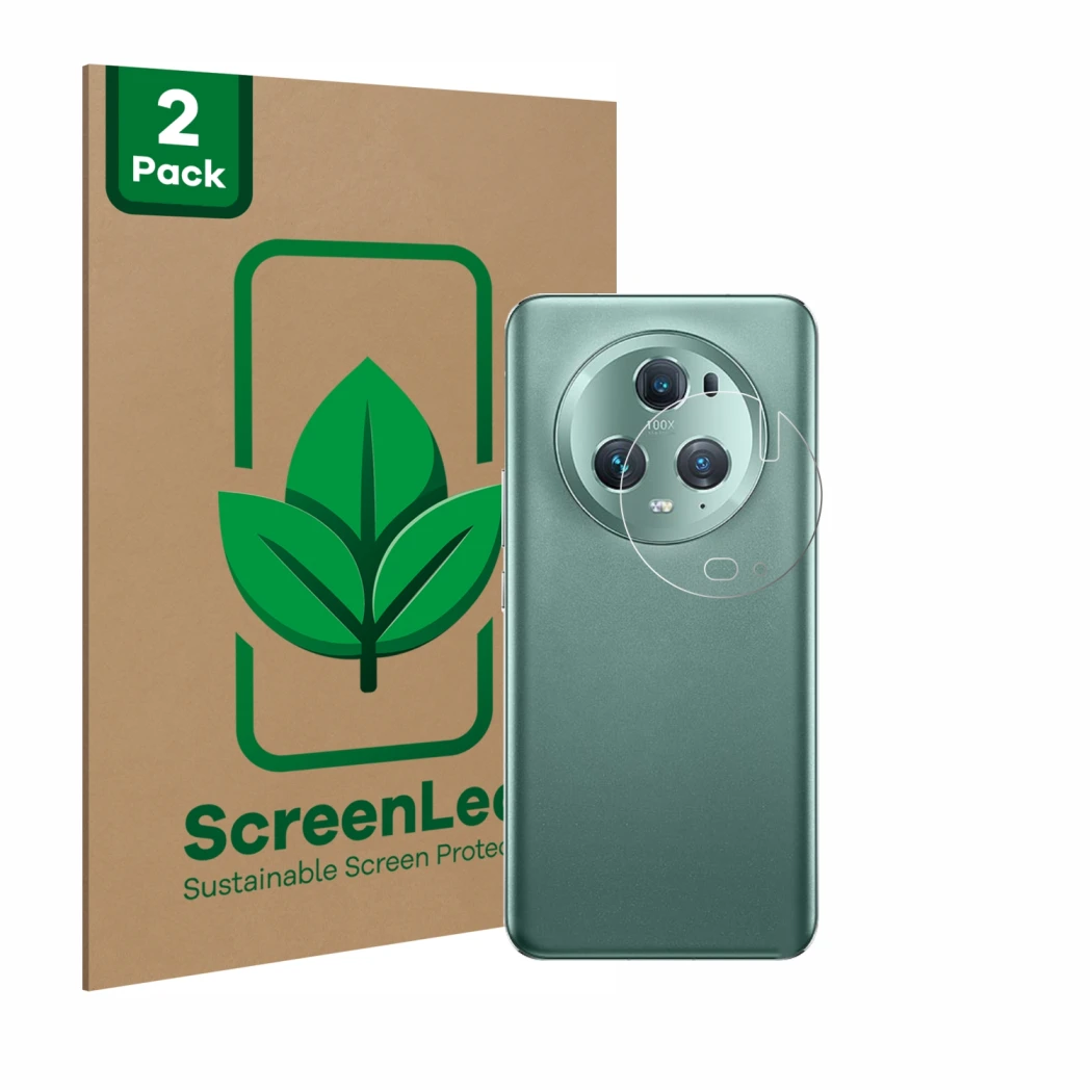 Vorderseite einer Produktverpackung mit dem Markenlogo ScreenLeaf. Daneben ist das Gerät Honor Magic 5 Pro (NUR Kameraschutz) 