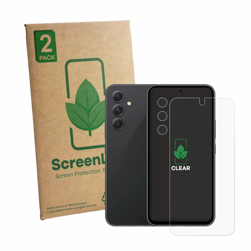 Vorderseite einer Produktverpackung mit dem Markenlogo ScreenLeaf. Daneben ist das Gerät Samsung Galaxy A54 5G (Display+Kamera