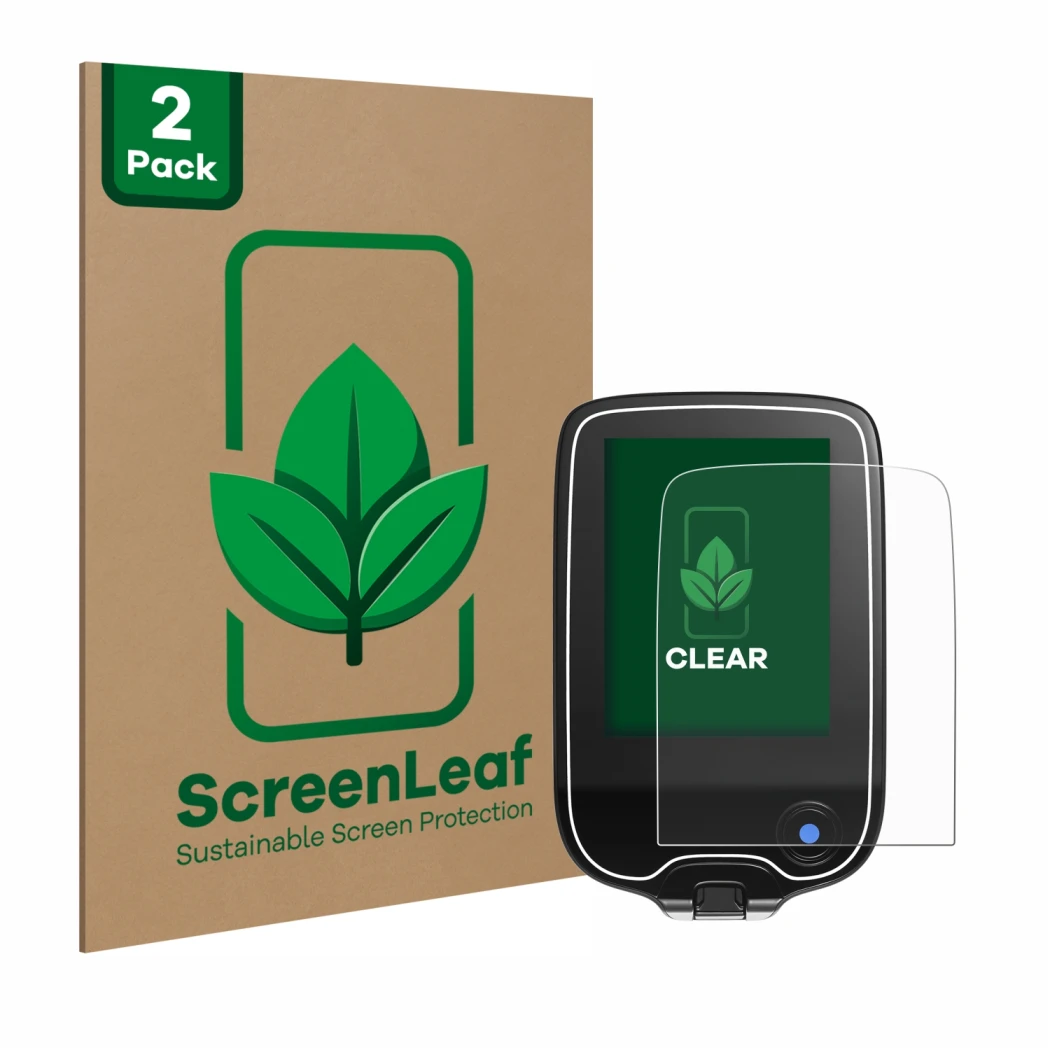 Vorderseite einer Produktverpackung mit dem Markenlogo ScreenLeaf. Daneben ist das Gerät Freestyle Libre 3 mit dem zugehörigen