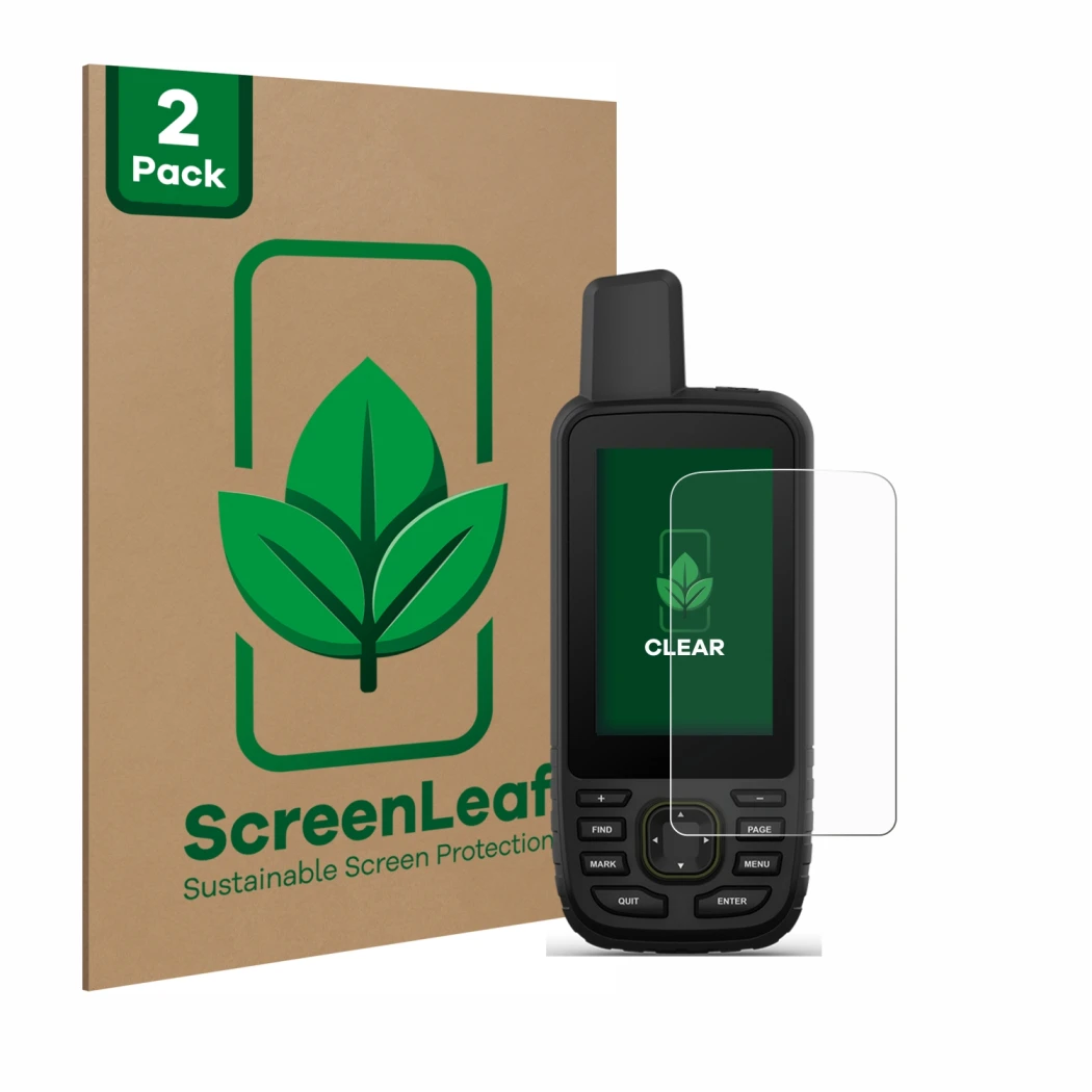 Vorderseite einer Produktverpackung mit dem Markenlogo ScreenLeaf. Daneben ist das Gerät Garmin GPSMAP 67 mit dem zugehörigen 