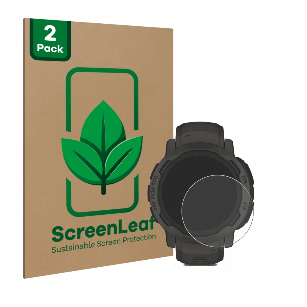 Vorderseite einer Produktverpackung mit dem Markenlogo ScreenLeaf. Daneben ist das Gerät Garmin Instinct 2 Solar mit dem zugeh