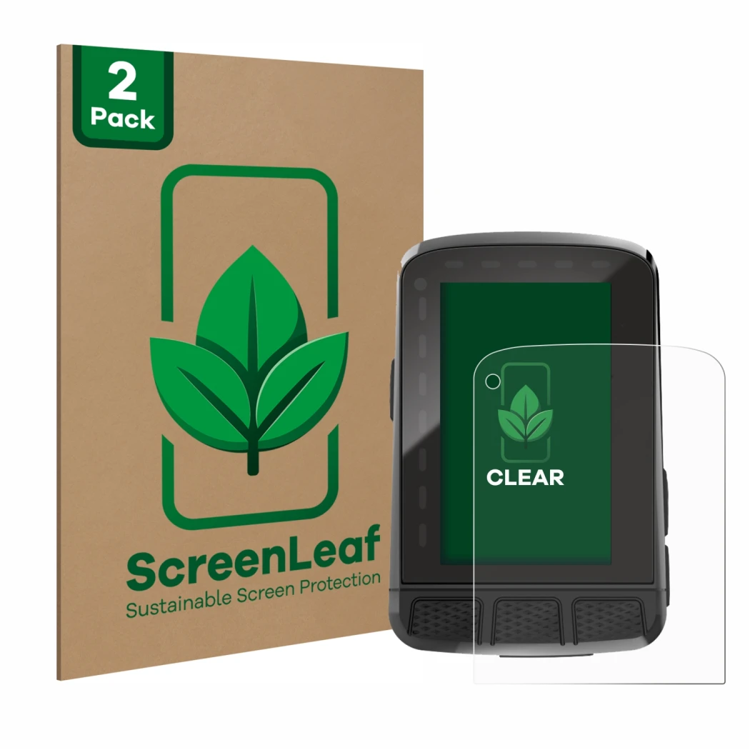Vorderseite einer Produktverpackung mit dem Markenlogo ScreenLeaf. Daneben ist das Gerät Wahoo Elemnt Roam 2 mit dem zugehörig