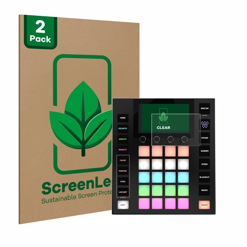 Vorderseite einer Produktverpackung mit dem Markenlogo ScreenLeaf. Daneben ist das Gerät Wolfmix W1 mit dem zugehörigen Displa
