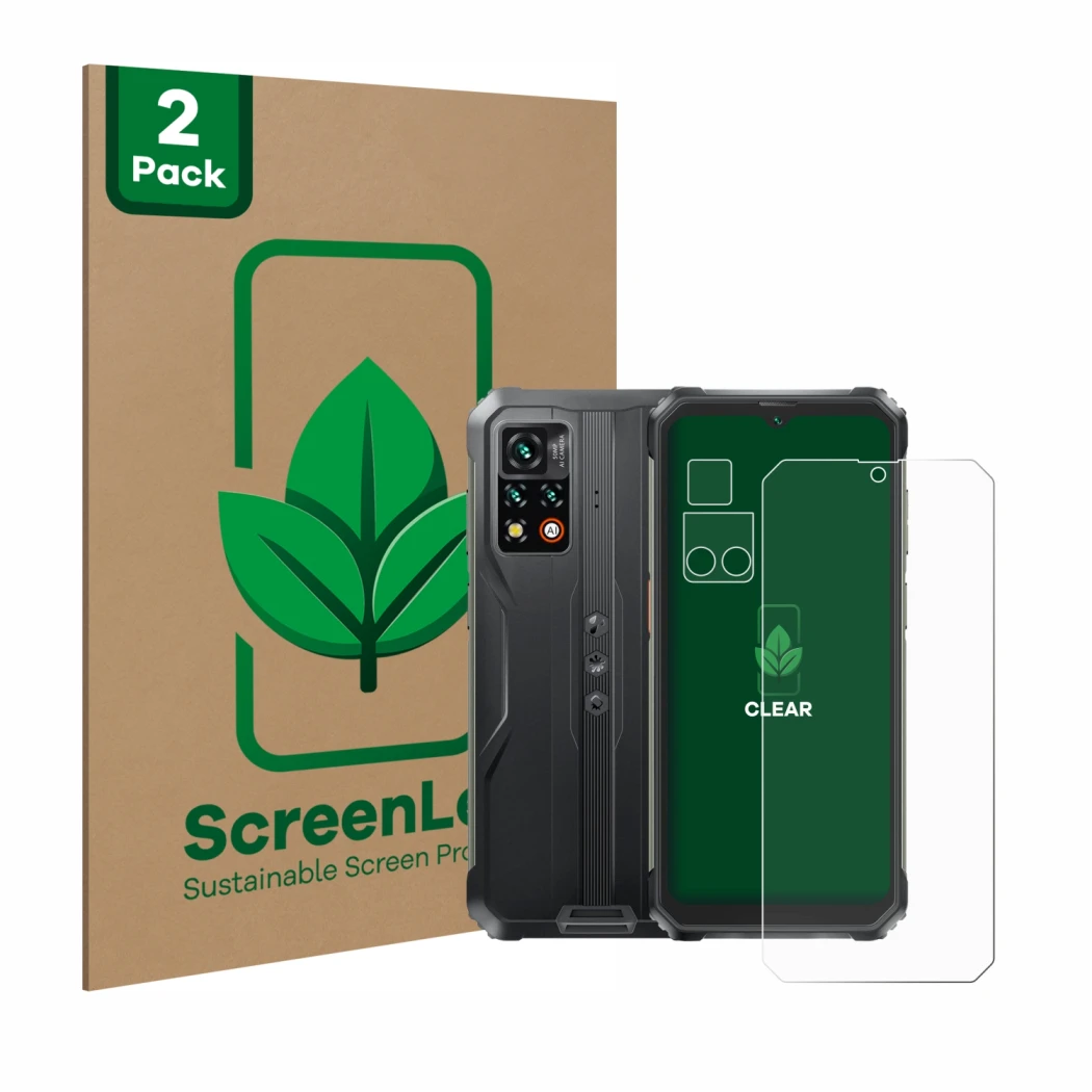Vorderseite einer Produktverpackung mit dem Markenlogo ScreenLeaf. Daneben ist das Gerät Blackview BV9200 (Display+Kamera) mit