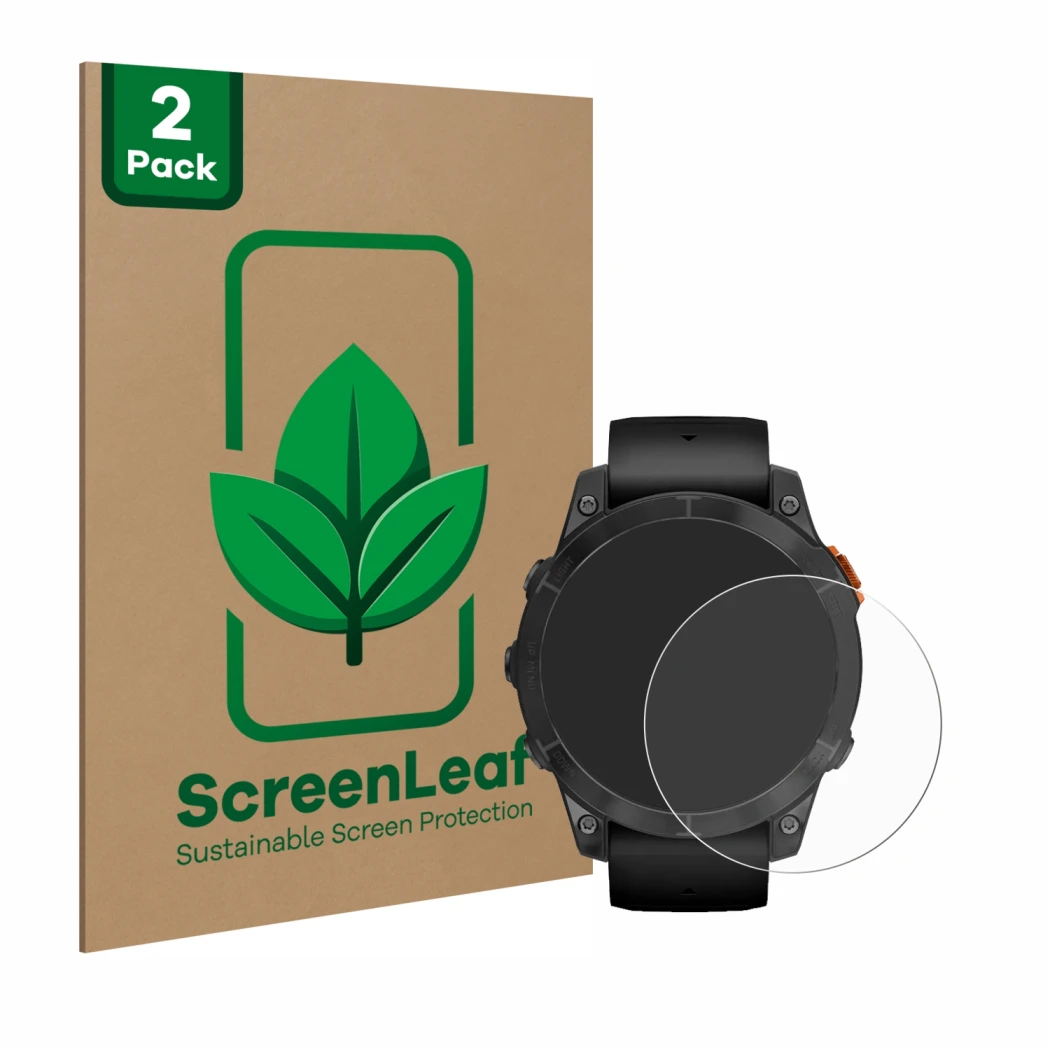 Vorderseite einer Produktverpackung mit dem Markenlogo ScreenLeaf. Daneben ist das Gerät Garmin Fenix 7 Pro Solar (47 mm) mit 