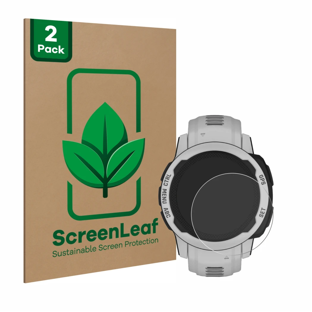 Vorderseite einer Produktverpackung mit dem Markenlogo ScreenLeaf. Daneben ist das Gerät Garmin Instinct 2S Solar (40 mm) mit 