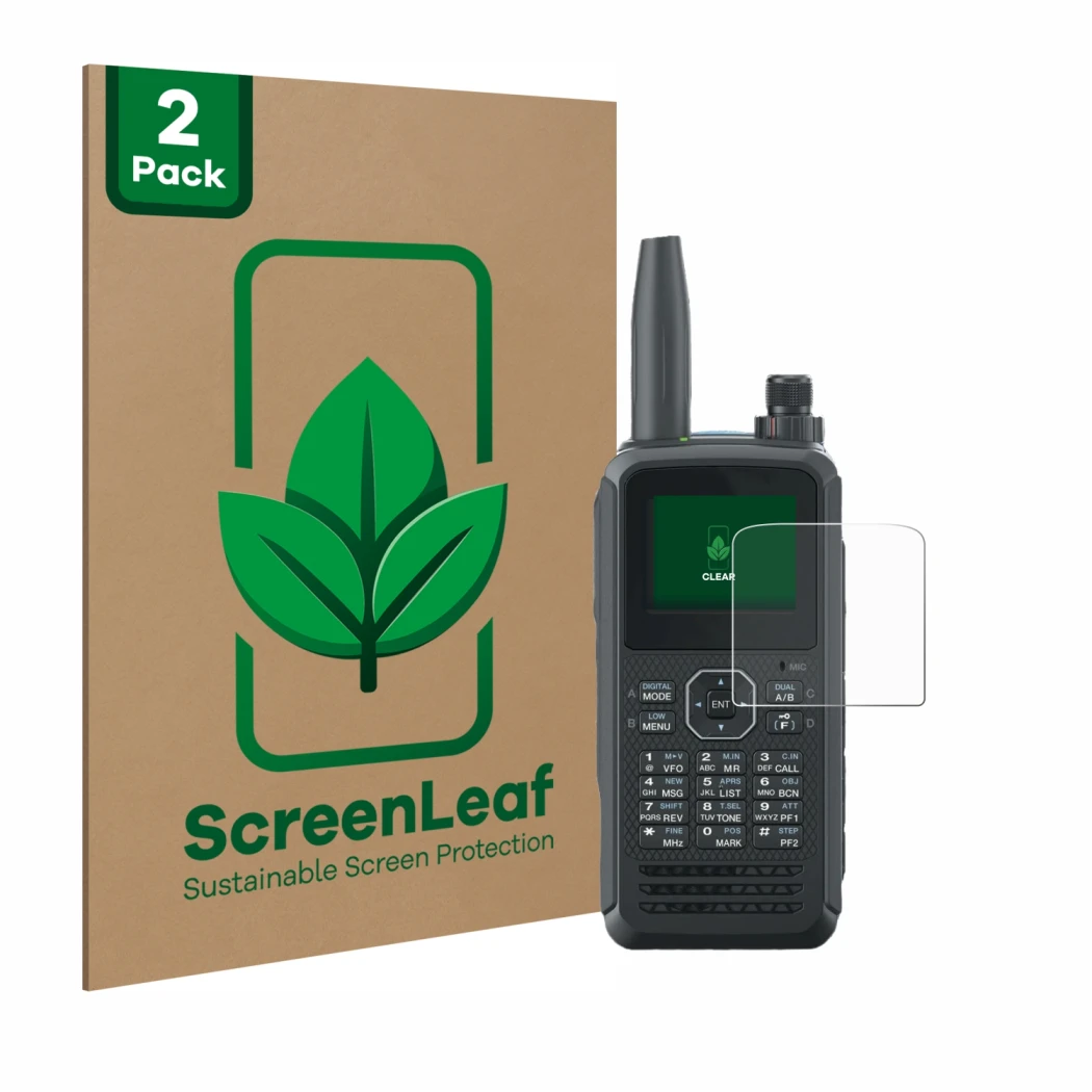 Vorderseite einer Produktverpackung mit dem Markenlogo ScreenLeaf. Daneben ist das Gerät Kenwood TH-D75E D-Star mit dem zugehö