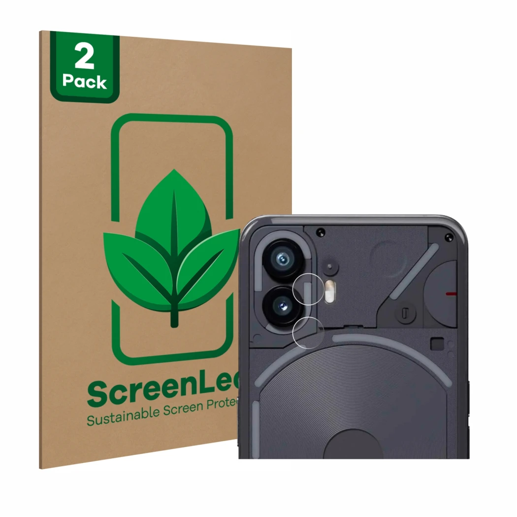 Vorderseite einer Produktverpackung mit dem Markenlogo ScreenLeaf. Daneben ist das Gerät Nothing Phone (2) (NUR Kameraschutz) 