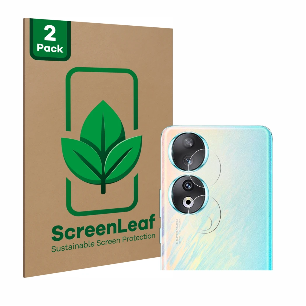 Vorderseite einer Produktverpackung mit dem Markenlogo ScreenLeaf. Daneben ist das Gerät Honor 90 (NUR Kameraschutz) mit dem z