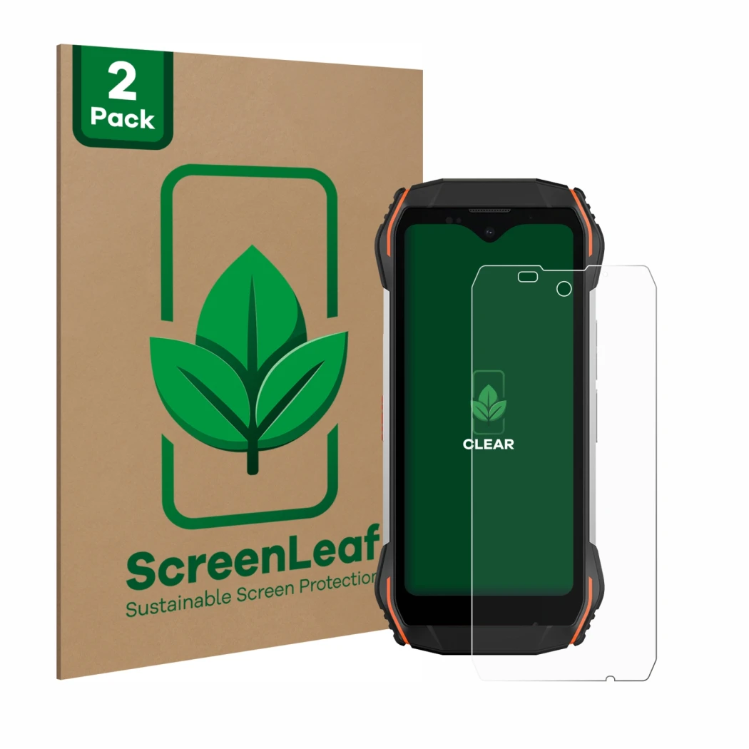 Vorderseite einer Produktverpackung mit dem Markenlogo ScreenLeaf. Daneben ist das Gerät Blackview N6000 mit dem zugehörigen D