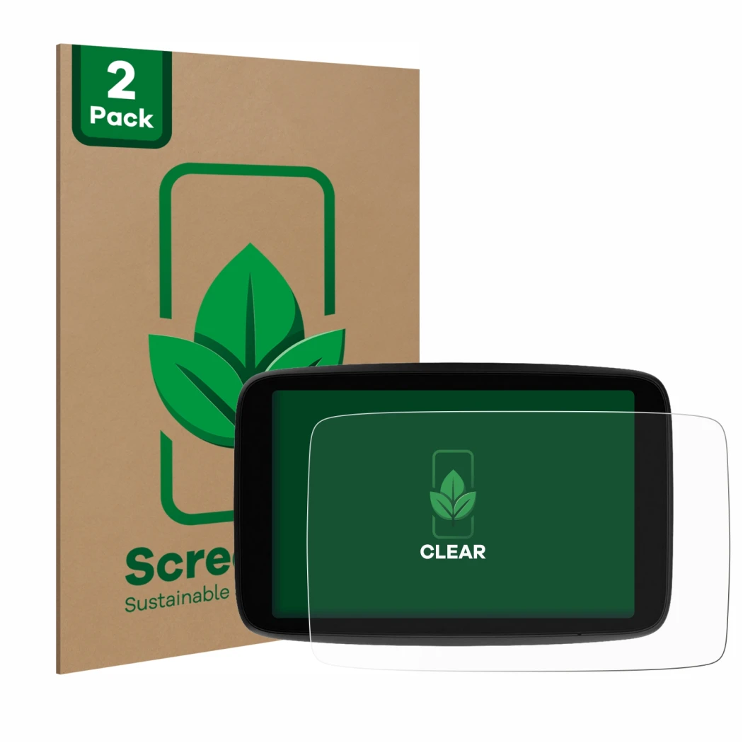 Vorderseite einer Produktverpackung mit dem Markenlogo ScreenLeaf. Daneben ist das Gerät TomTom GO Expert Plus 7