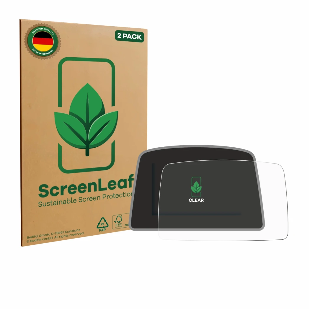 Vorderseite einer Produktverpackung mit dem Markenlogo ScreenLeaf. Daneben ist das Gerät PowaKaddy C2i mit dem zugehörigen Dis