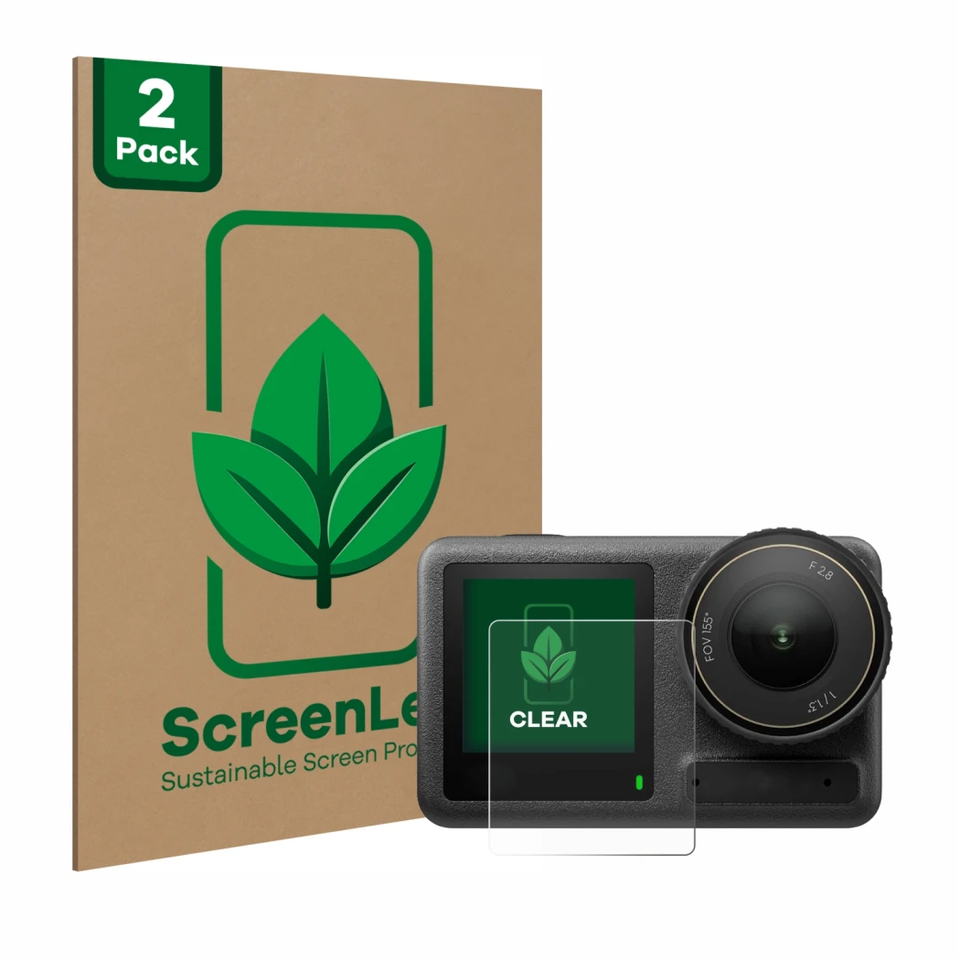 Vorderseite einer Produktverpackung mit dem Markenlogo ScreenLeaf. Daneben ist das Gerät DJI Osmo Action 4 (Vorderes Display) 