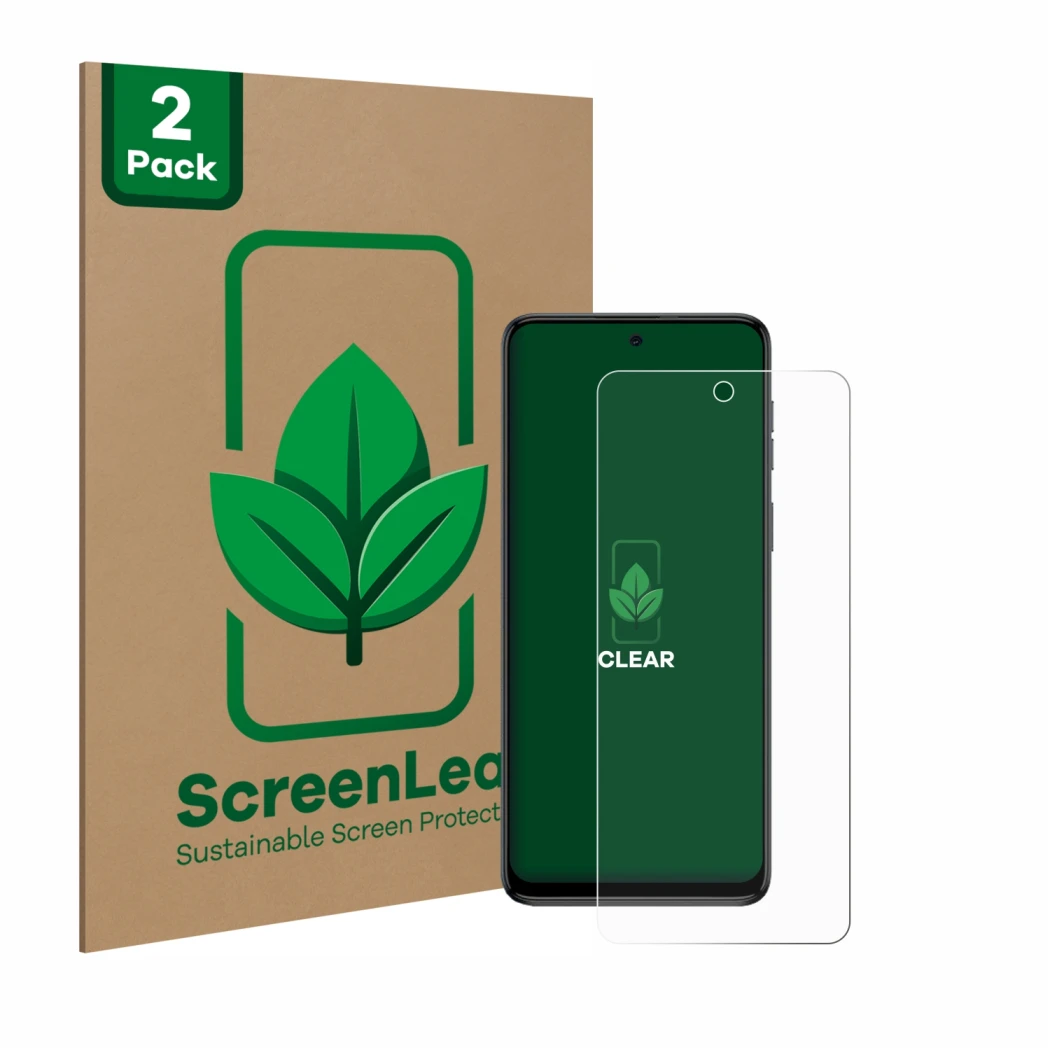 Vorderseite einer Produktverpackung mit dem Markenlogo ScreenLeaf. Daneben ist das Gerät Motorola Moto G54 mit dem zugehörigen