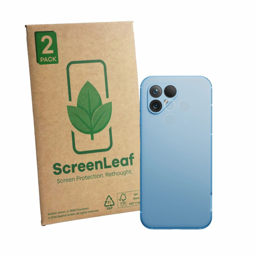 Vorderseite einer Produktverpackung mit dem Markenlogo ScreenLeaf. Daneben ist das Gerät Fairphone 5 (NUR Kameraschutz) mit de