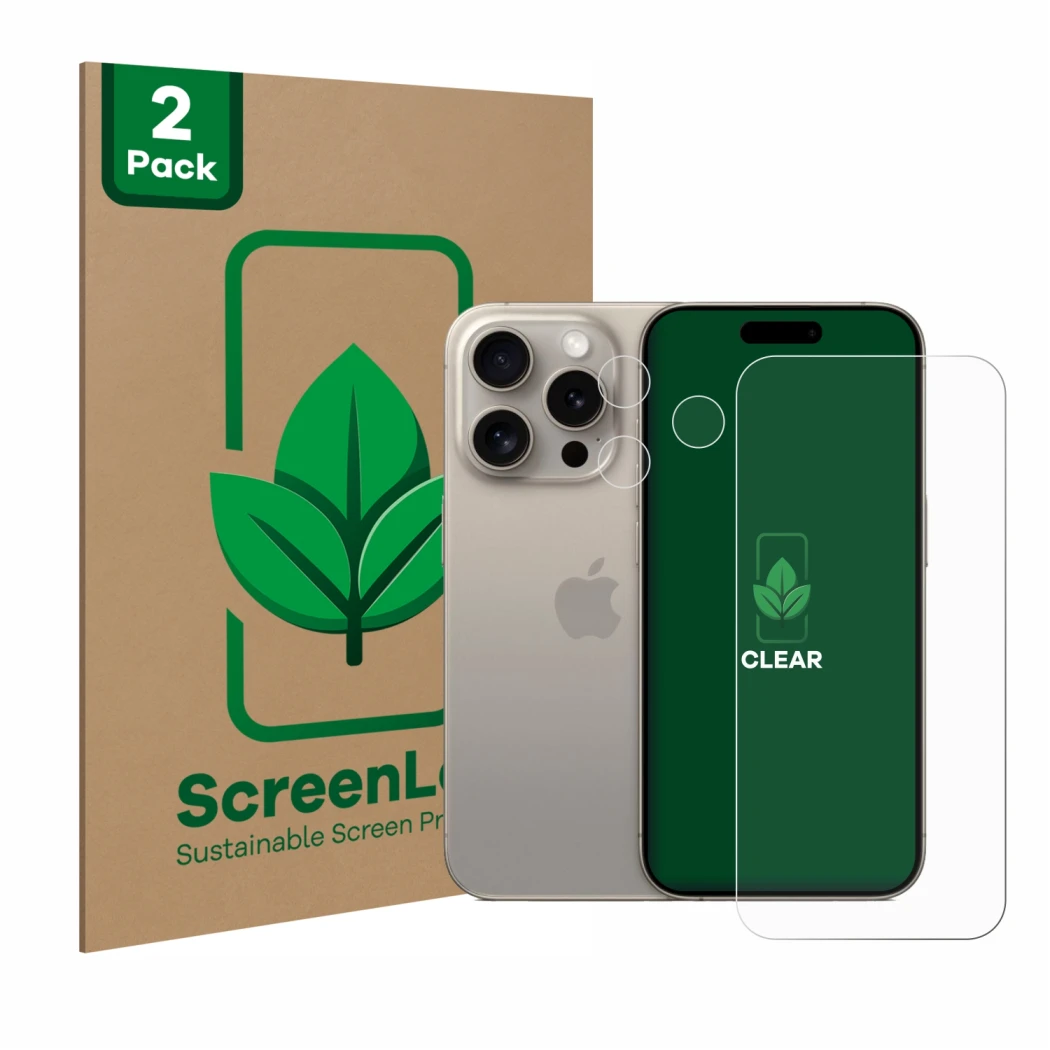 Vorderseite einer Produktverpackung mit dem Markenlogo ScreenLeaf. Daneben ist das Gerät Apple iPhone 15 Pro (Display+Kamera) 