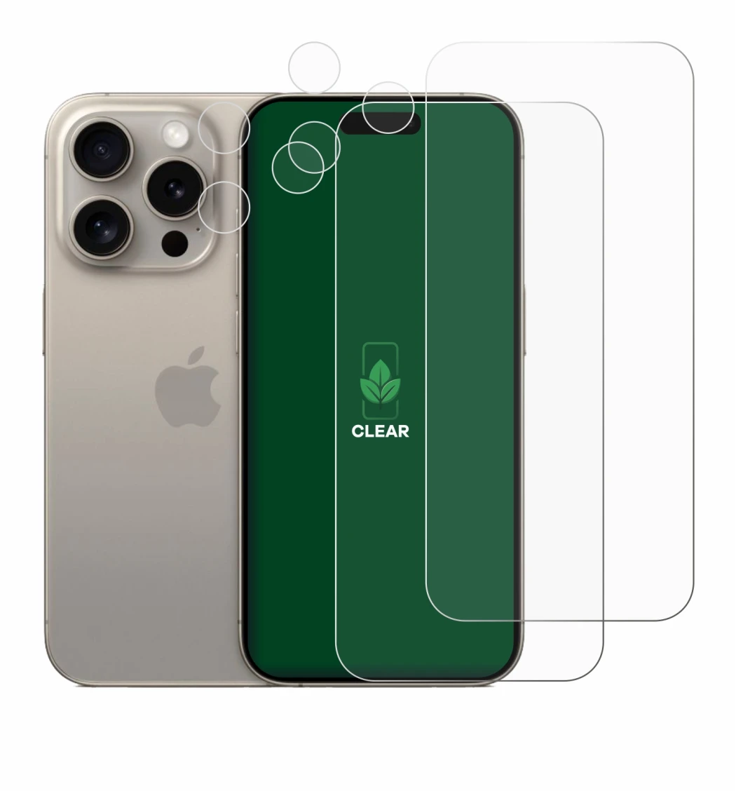 Abbildung des Geräts Apple iPhone 15 Pro (Display+Kamera) mit einer Vielzahl des Displayschutzes.