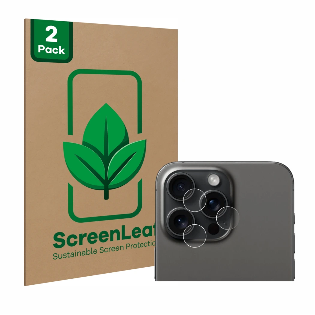 Vorderseite einer Produktverpackung mit dem Markenlogo ScreenLeaf. Daneben ist das Gerät Apple iPhone 15 Pro Max (NUR Kamerasc