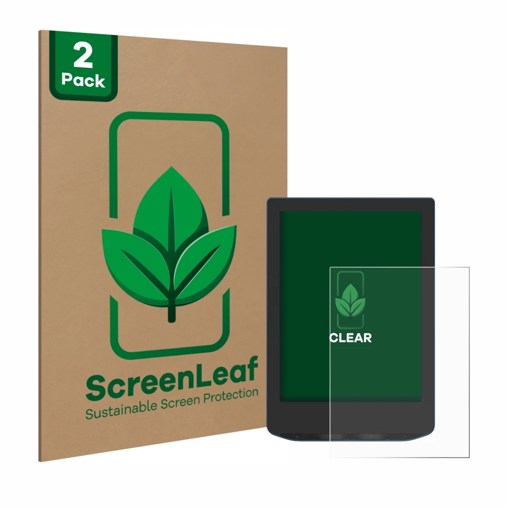 Vorderseite einer Produktverpackung mit dem Markenlogo ScreenLeaf. Daneben ist das Gerät PocketBook Verse Pro mit dem zugehöri