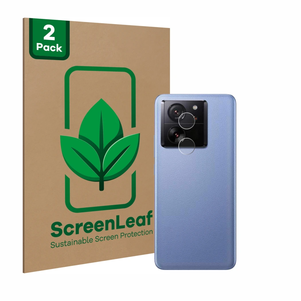Vorderseite einer Produktverpackung mit dem Markenlogo ScreenLeaf. Daneben ist das Gerät Xiaomi 13T Pro (NUR Kameraschutz) mit