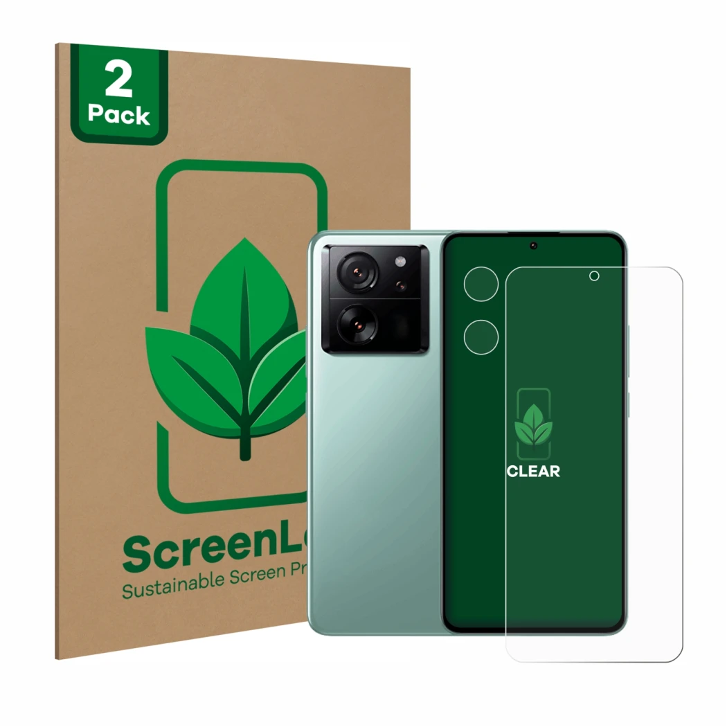 Vorderseite einer Produktverpackung mit dem Markenlogo ScreenLeaf. Daneben ist das Gerät Xiaomi 13T Pro (Display+Kamera) mit d