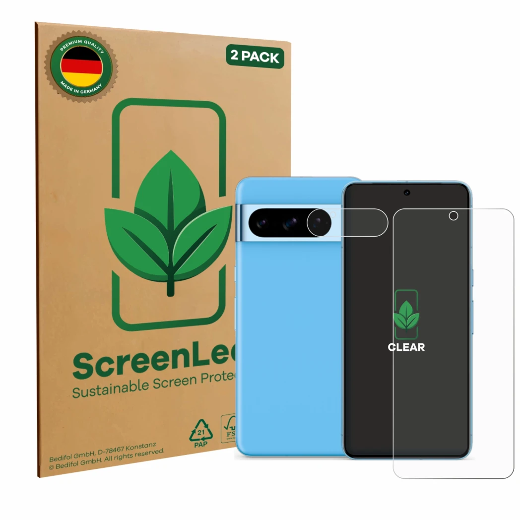 Vorderseite einer Produktverpackung mit dem Markenlogo ScreenLeaf. Daneben ist das Gerät Google Pixel 8 Pro (Display+Kamera) m