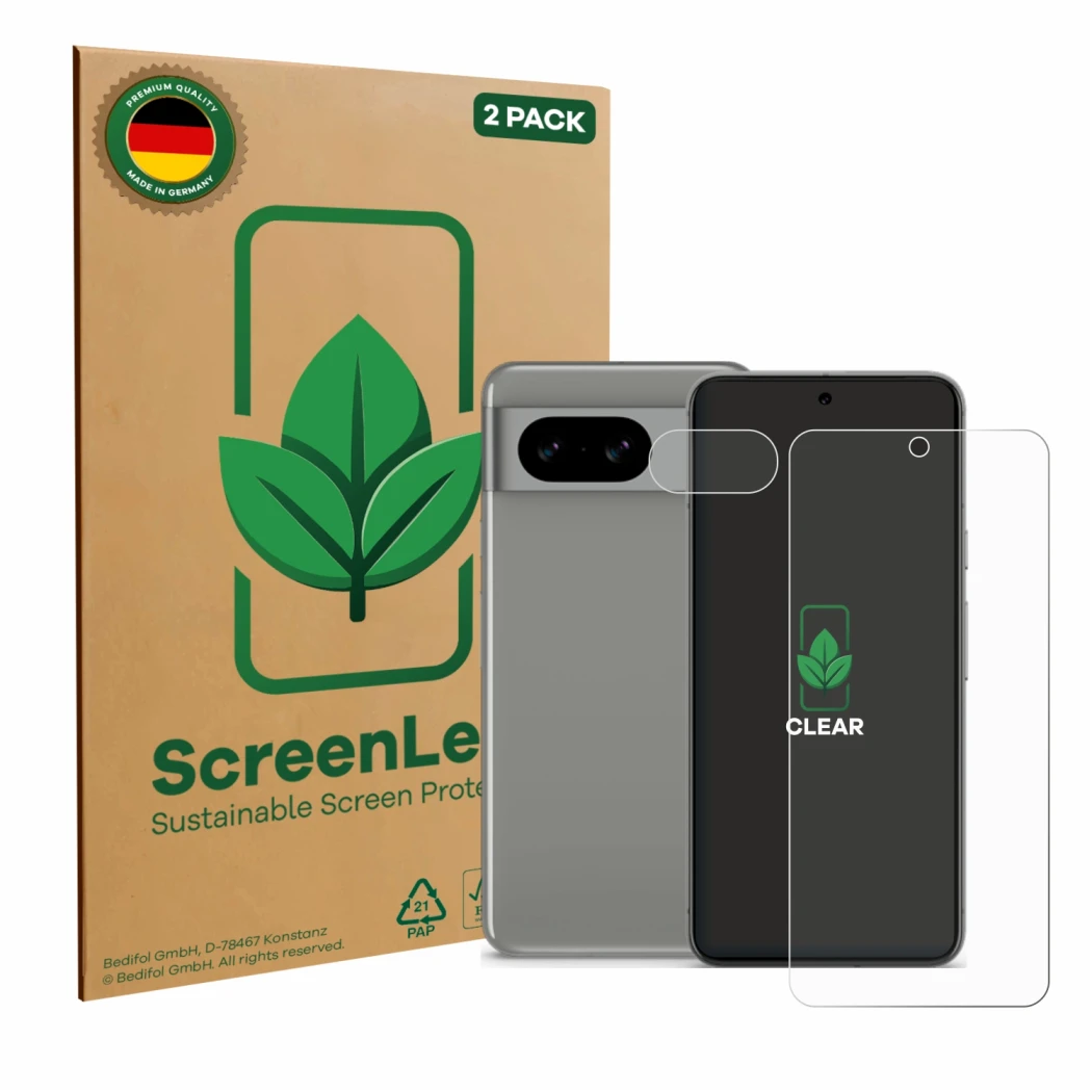 Vorderseite einer Produktverpackung mit dem Markenlogo ScreenLeaf. Daneben ist das Gerät Google Pixel 8 (Display+Kamera) mit d
