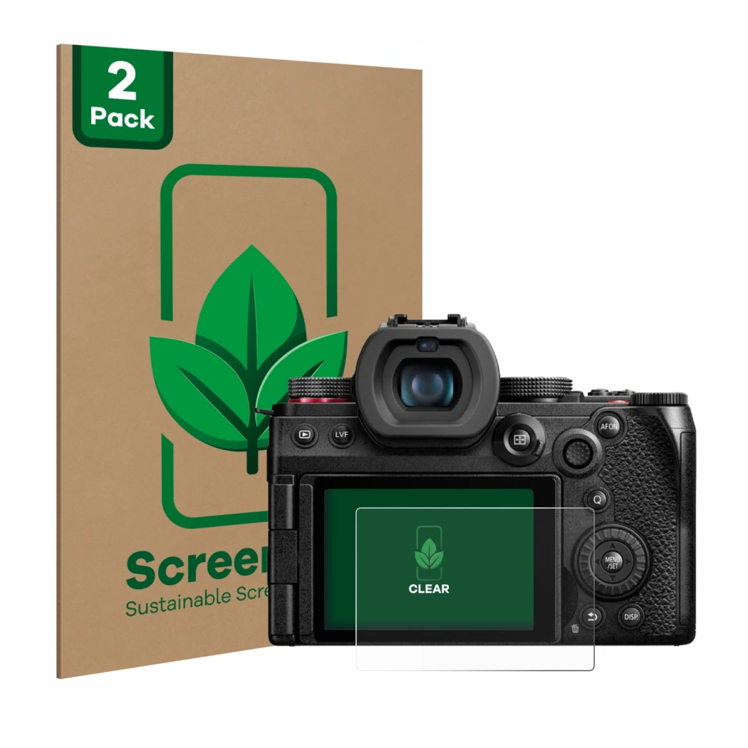 Vorderseite einer Produktverpackung mit dem Markenlogo ScreenLeaf. Daneben ist das Gerät Panasonic Lumix DC-G9 II mit dem zuge